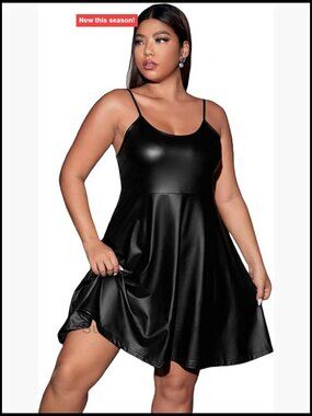 Plus Size Faux Leather Spaghetti Strap A-Line Cami Dress
